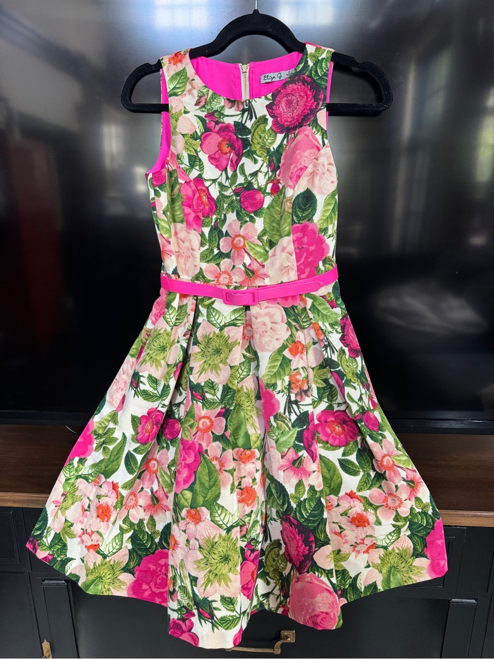 Eliza J Floral Fit-and-Flare Dress in Pink and Green